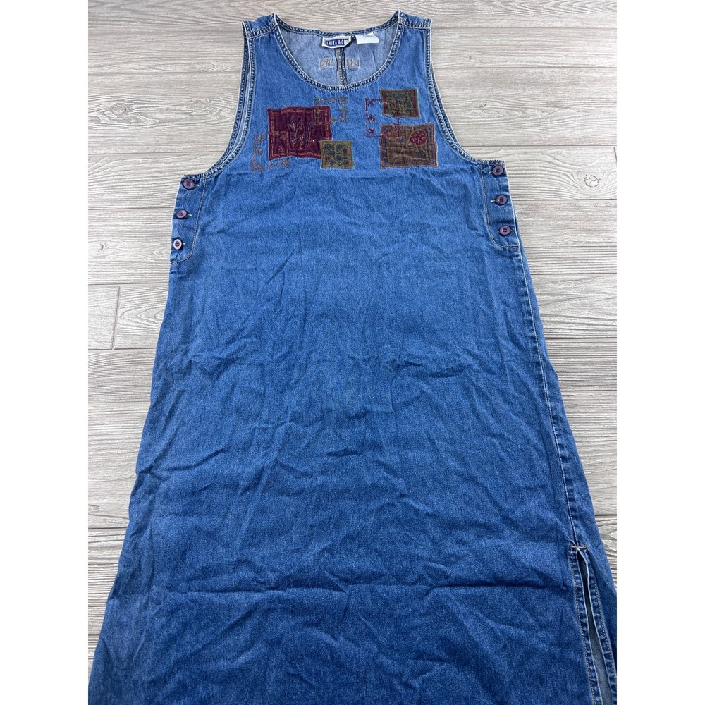 Erika & Co Womens Medium Denim Patchwork Floral Embroidered Jumper Dress Blue M